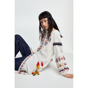 Zara White Tunic with Multi-Colored Embroidery NWT
